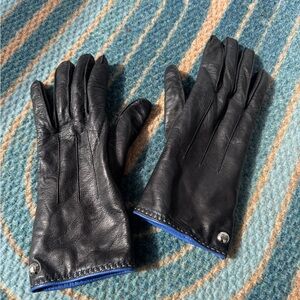 Coach Black Leather Gloves with Cashmere Lining & Blue Trim size 7.5